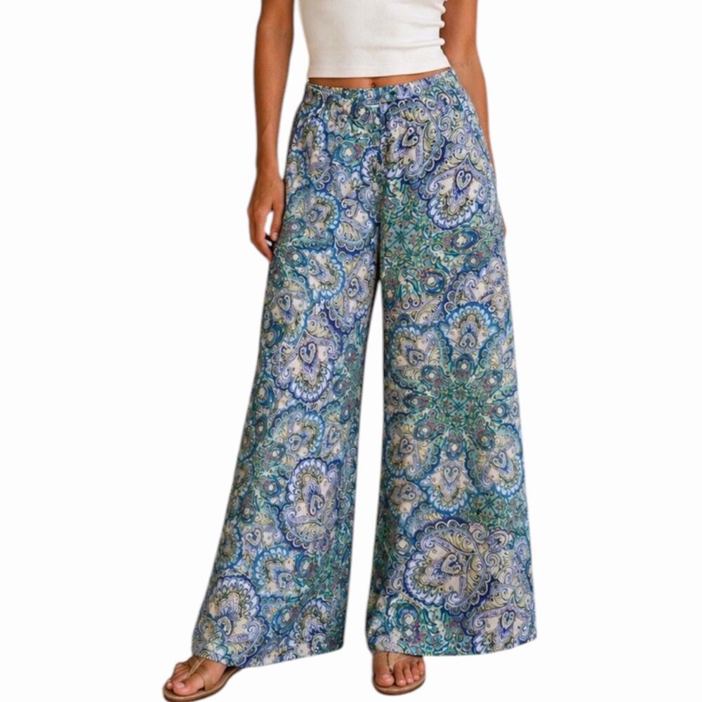 Chico’s Women’s Paisley Print Wide Leg Pants Size 2 Blue Green Palazzo Boho